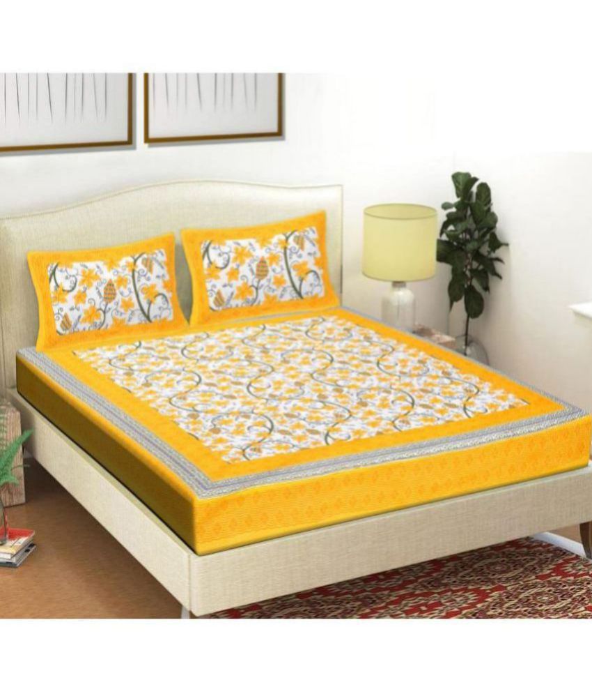     			Frionkandy Cotton Floral Printed Double Bedsheet with 2 Pillow Covers - Yellow