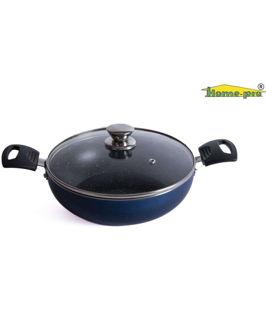     			HomePro - Non-stick premium Kadai / kadhai with glass lid, , 4 Layer Coating 3mm thick, Diameter 24.5cm PFOA free and food grade, Gas Stove and Induction compatible, Blue