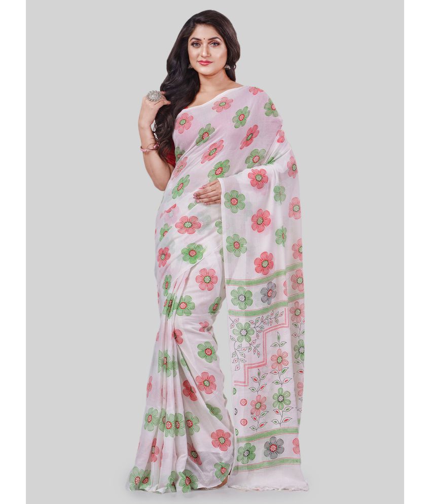     			Desh Bidesh - White Cotton Saree With Blouse Piece ( Pack of 1 )