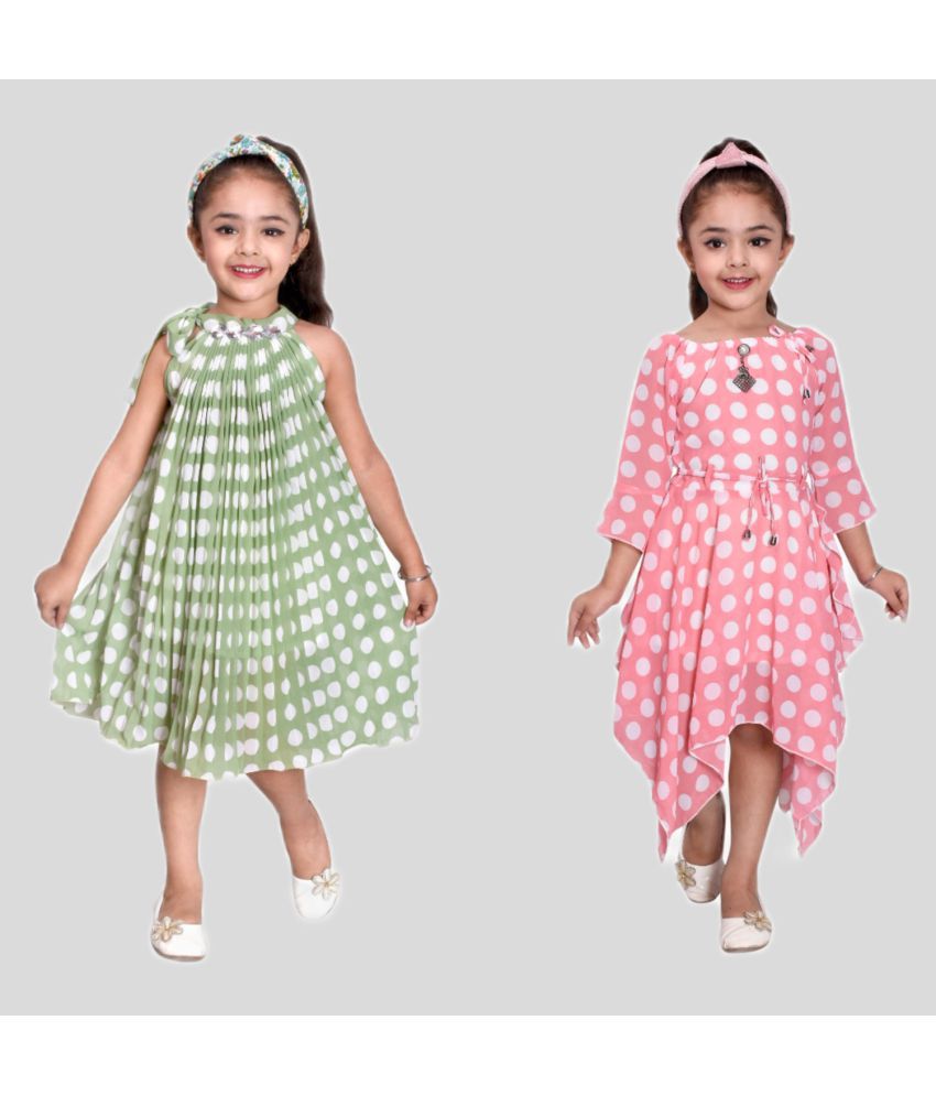     			High Fame - Green & Pink Georgette Girls Asymmetric Dress ( Pack of 2 )