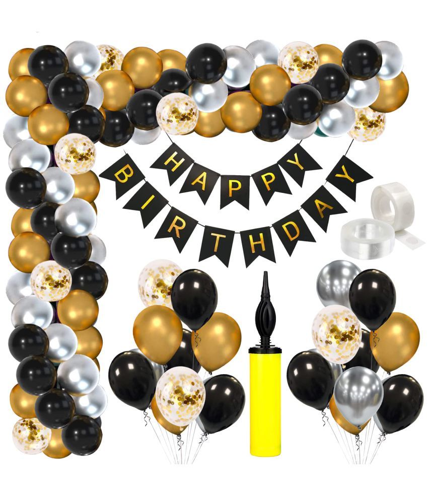     			Zyozi    79 PCS Black Gold and Silver Balloon Garland Arch Kit With Happy Birthday Letter Banner and Confetti Balloon Metallic Black Gold Silver Balloons for Birthday Graduation Bachelorette Wedding New Year Party Decoration