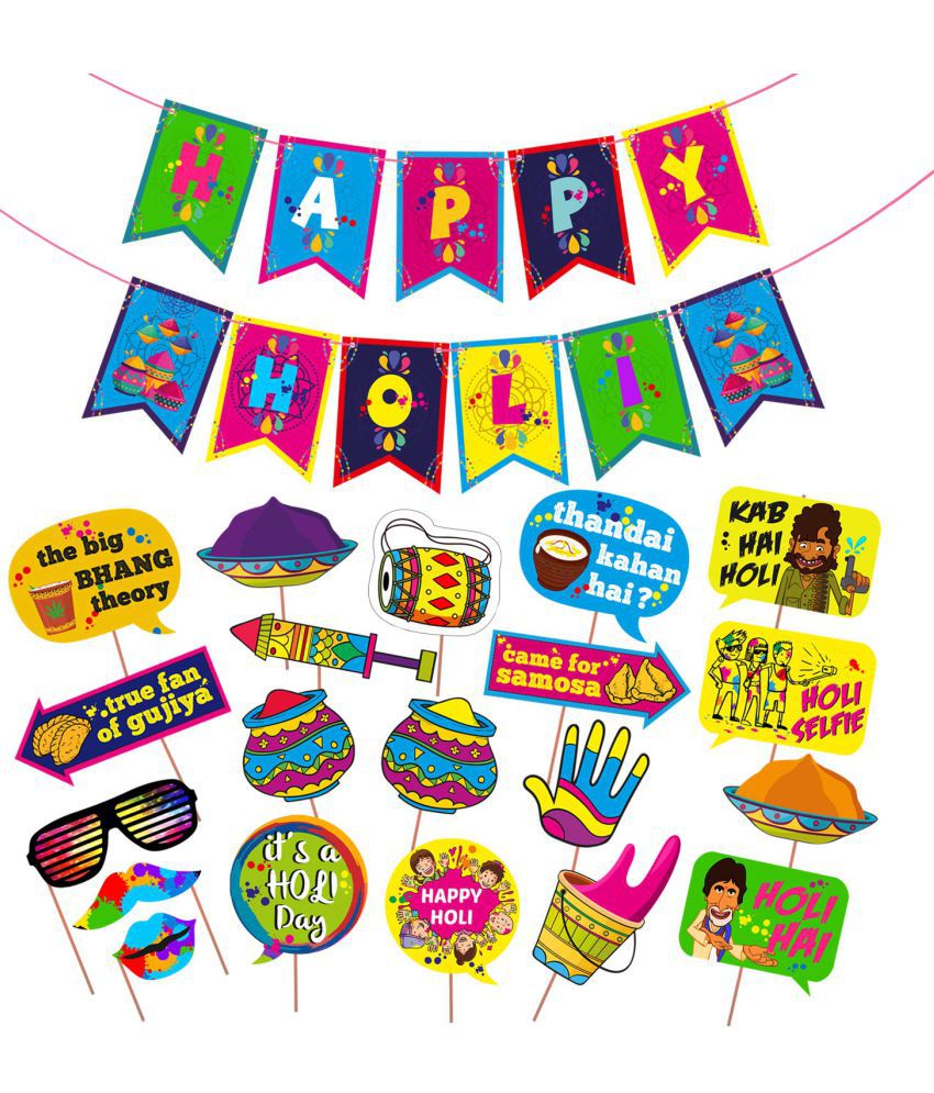     			Zyozi  Happy Holi Decoration Combo Photo Booth Props+1 Set Happy Holi Banner,Holi Decoration Items for Party Holi Decorations, Party Decoration Colourful Banner for Holi Party (Pack of 21)
