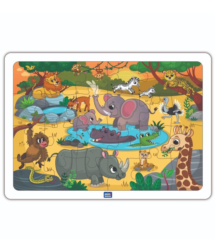     			Mini Leaves Wild Safari Animal Puzzle Set | Jigsaw Puzzles with Wooden Tray | Pretend Play, Learning & Identify Animal Toy | Educational Puzzle Set for Kids - 24 Piece