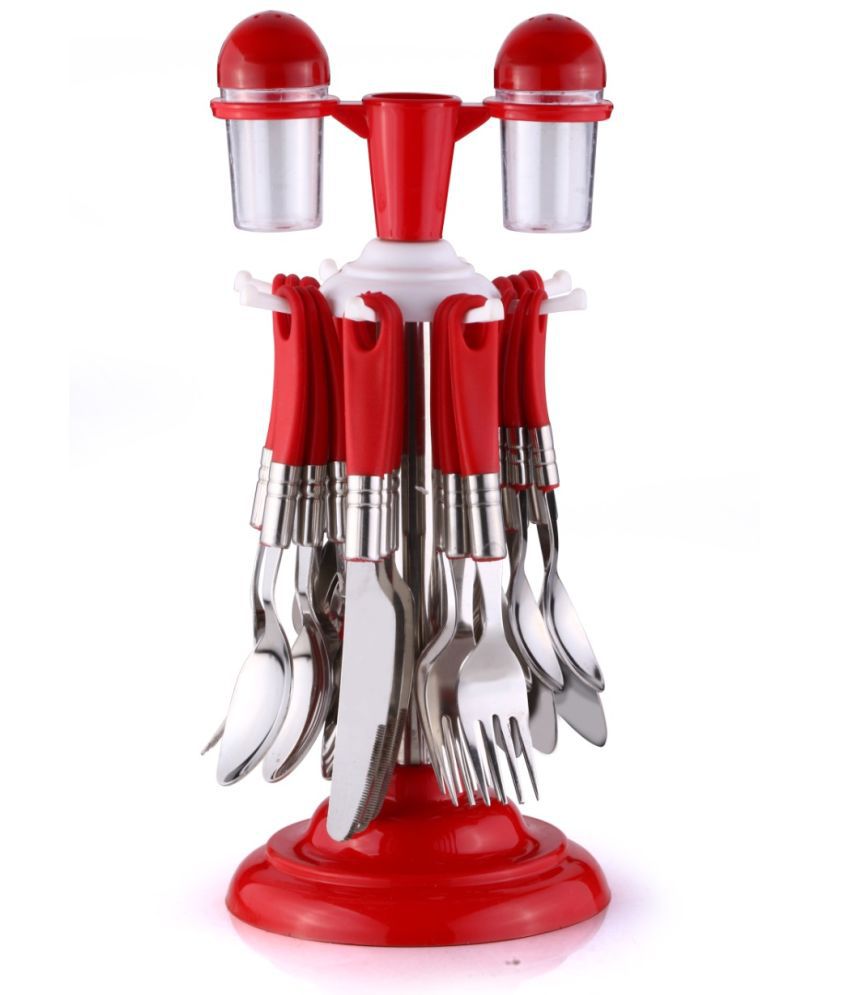     			Analog Kitchenware - Red Stainless Steel 24 pcs Cutlery Set with stand