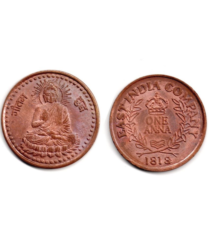     			Nisara Collectibles - One Anna Copper India coin rare. 4B8-Gotham Budha 1818 EIC UKL  Numismatic Coins