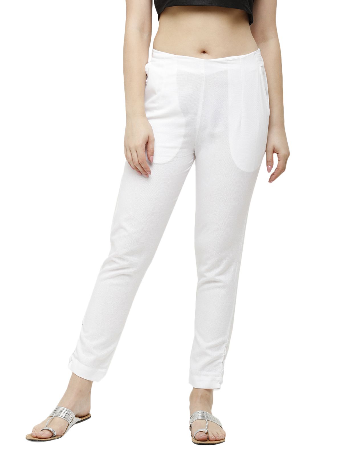     			De Moza - White Cotton Blend Slim Women's Cigarette Pants ( Pack of 1 )