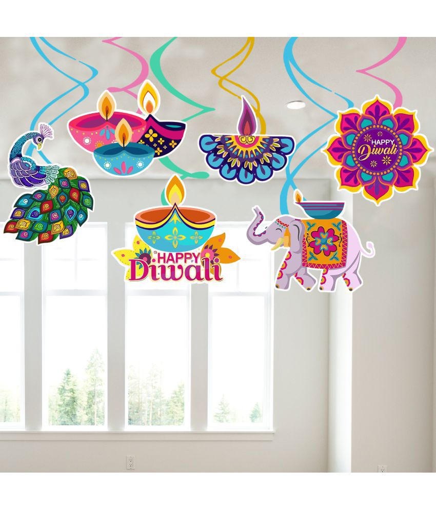     			Zyozi Diwali Decorations Kit Happy Diwali Banner Deepavali Hanging 6 Pcs Swirls Festival of Lights Party Supplies Indian Themed Party Decorations,