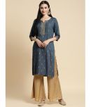 Rangita Women Rayon Dark Grey Gold Printed Placket Knee Length Straight Kurti