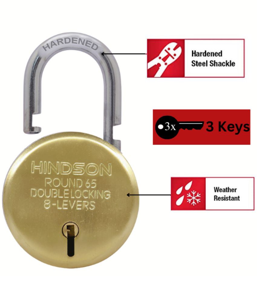     			HINDSON Lock Gold Round 65mm with 3 Key, Link Steel Double Locking, 8 Lever Padlock for Door, Brass Gate, Shutter ( Finish Gold )