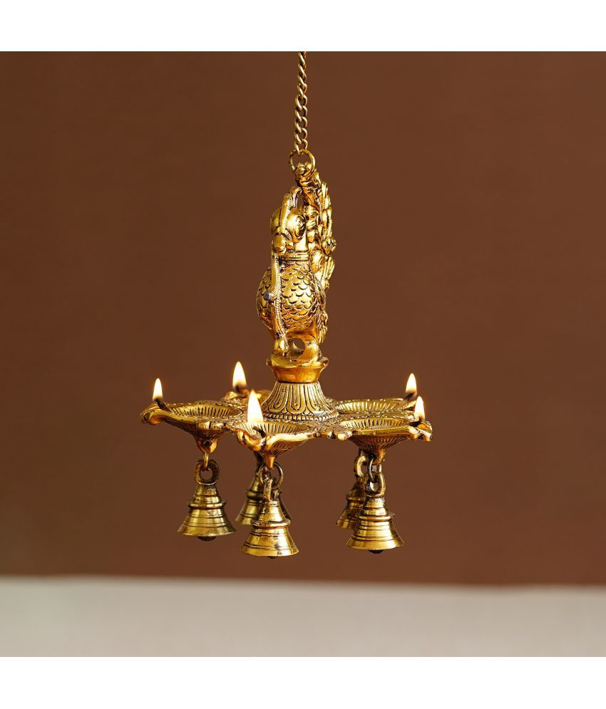     			eCraftIndia Gold-Toned Peacock Diya With Bell Handcrafted Wall Hanging With Chain