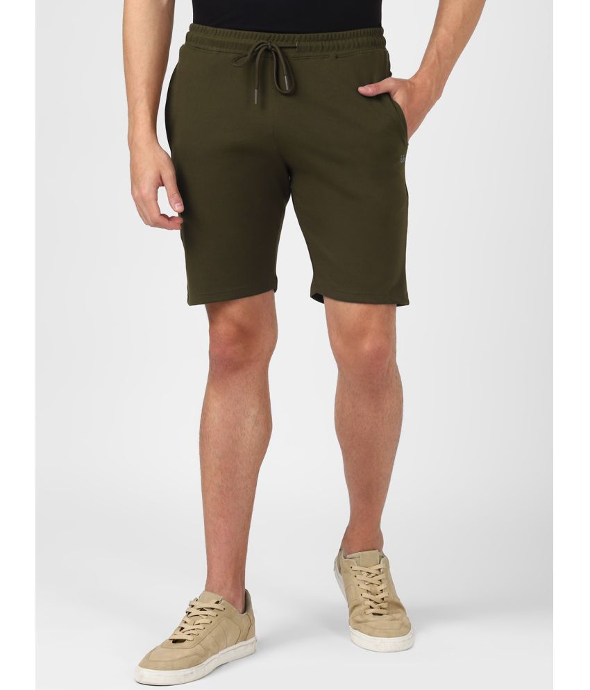     			UrbanMark Men Cotton Stretch Regular Fit Solid Lounge Shorts-Olive