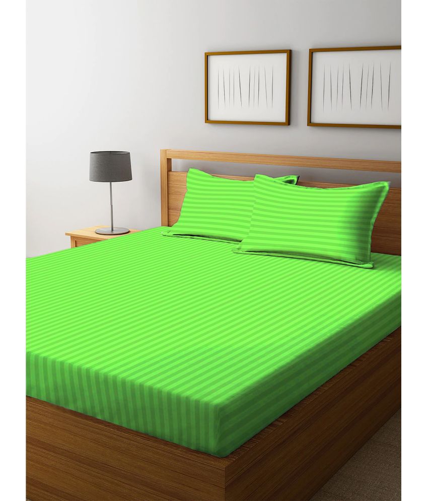     			HOMETALES Microfiber Solid Satin Stripe Queen Bedsheet With Two Pillow Covers -Green