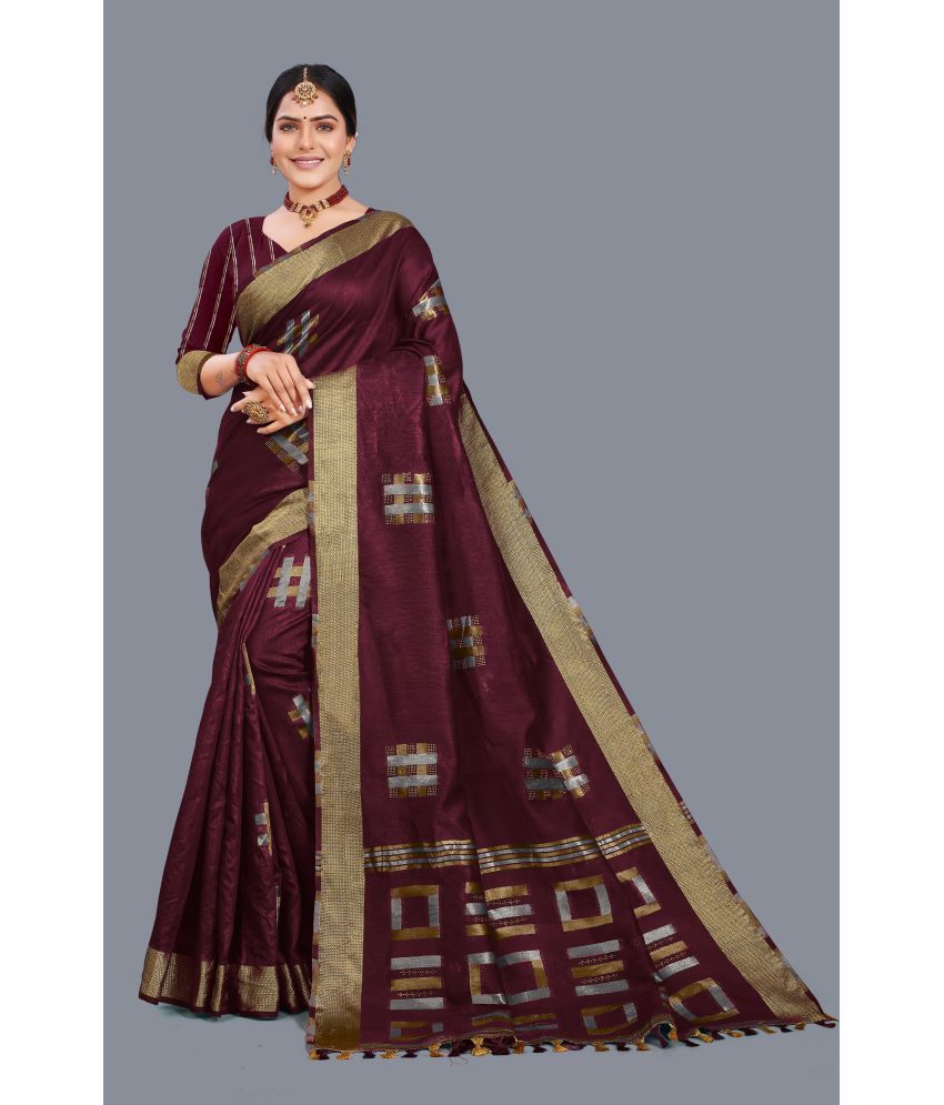     			Kyarn - Maroon Cotton Blend Saree With Blouse Piece ( Pack of 1 )