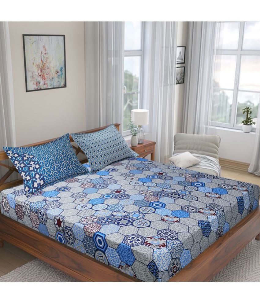     			Home Candy Cotton Abstract King Bedsheet with 2 Pillow Covers -Blue