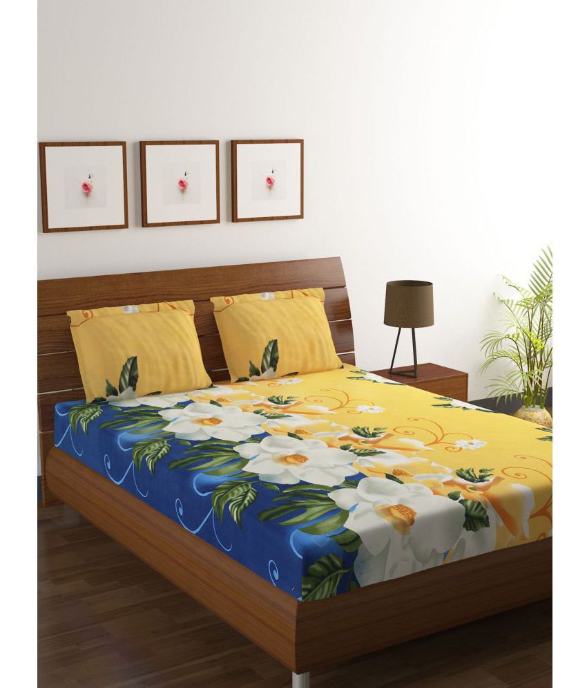     			HOMETALES Microfiber Floral Double Bedsheet with Two Pillow Covers -Yellow