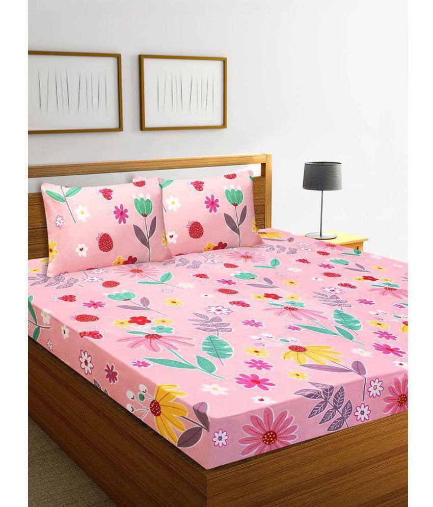     			Home Candy Microfiber Floral Double Bedsheet with 2 Pillow Covers- Pink