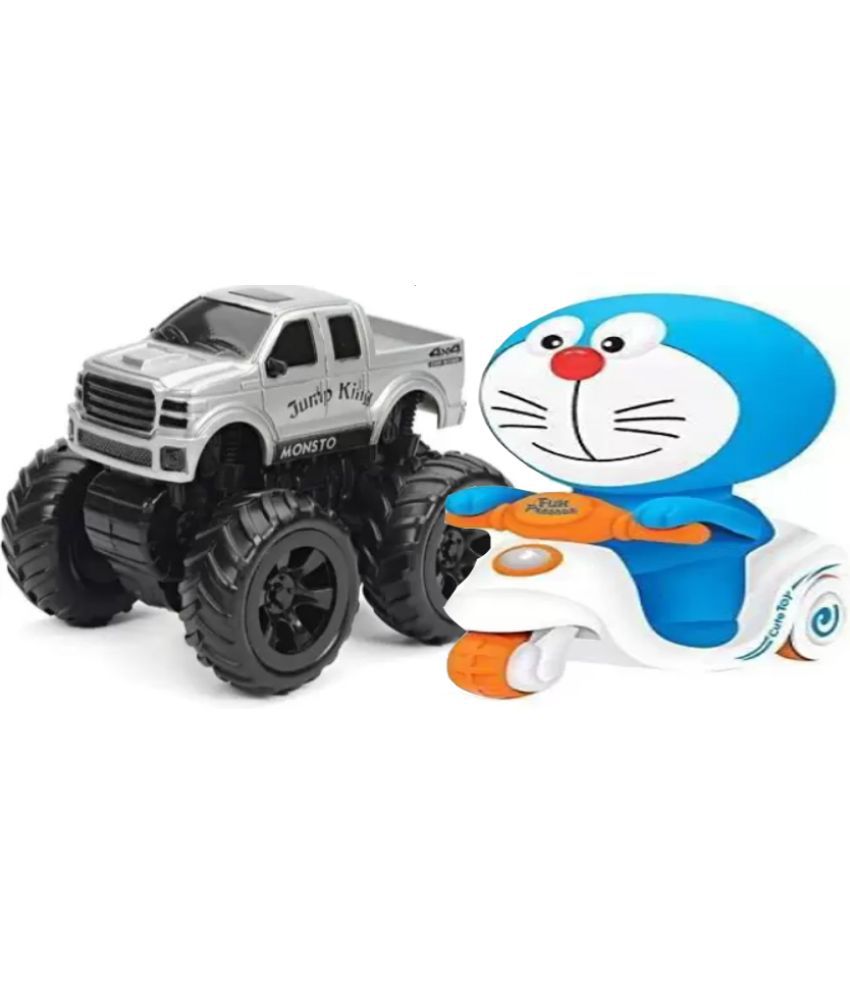 Doraemon Pressure Friction Toddler & Mini Friction Powered 4WD Unbreakable Cars for Kids Big Rubber Tires SILVER