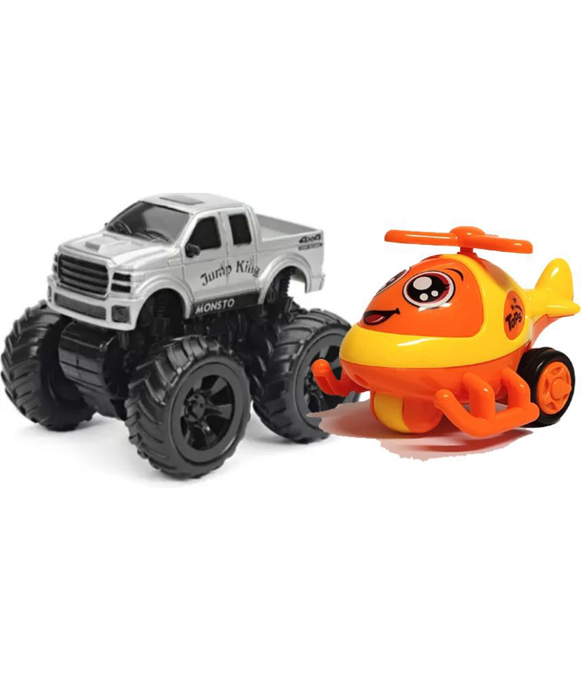 Friction powerred push Go Toy Orange & Mini Friction Powered 4WD Unbreakable Cars for Kids Big Rubber Tires SILVER