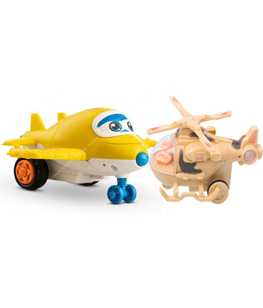 Helicopter cream & Unbreakable Friction Mini Racing Plane to Robot yellow