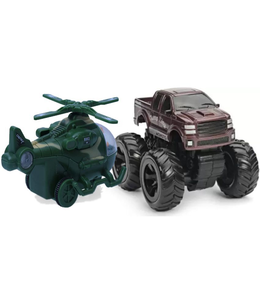 Helicopter green & Mini Friction Powered 4WD Unbreakable Cars for Kids Big Rubber