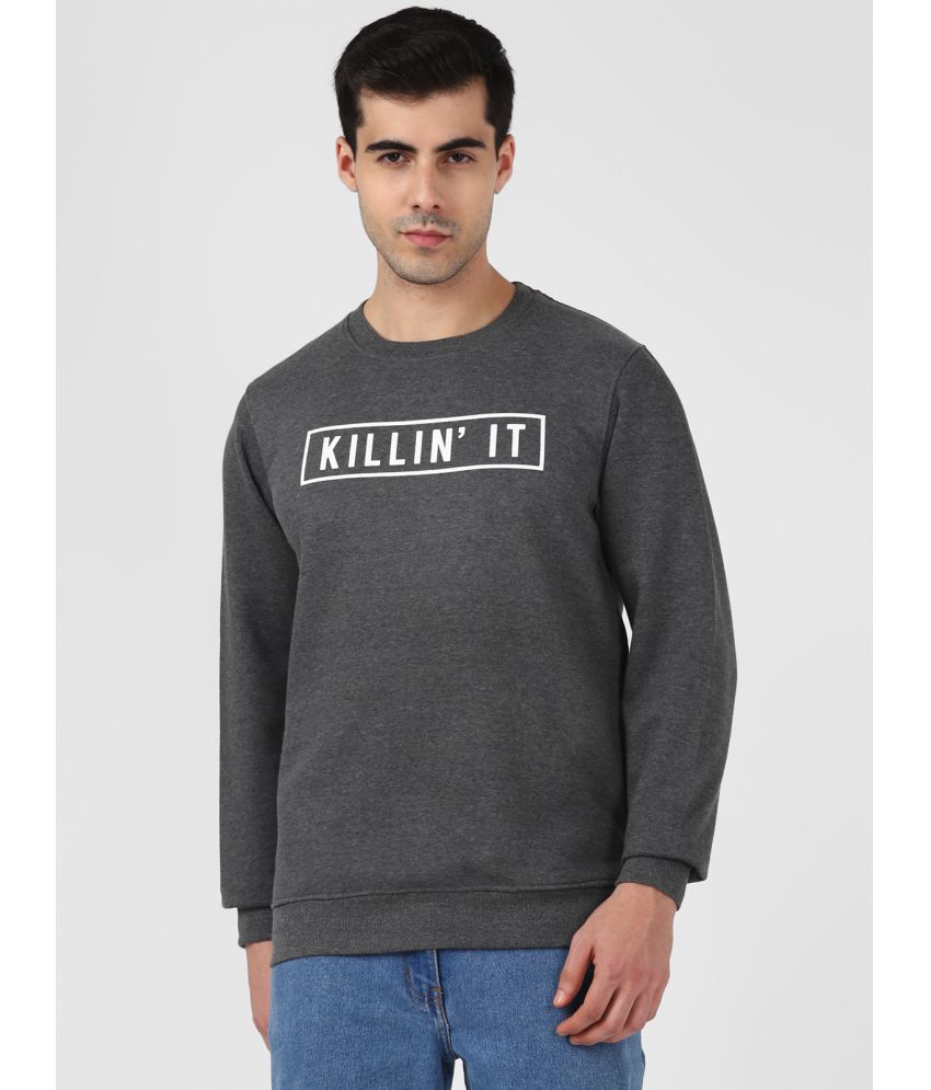     			UrbanMark Men Regular Fit Text Print Full Sleeves Round Neck Fleece Sweatshirt-Charcoal