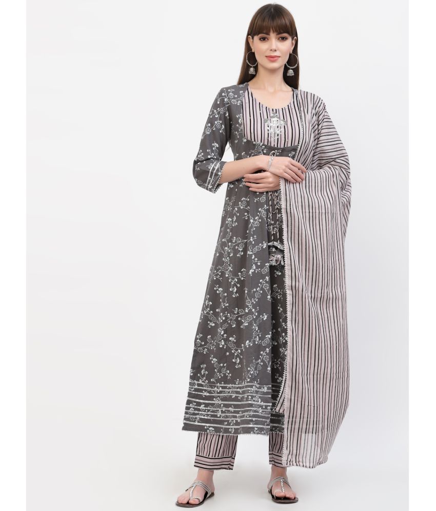     			Yellow Cloud - Dark Grey Anarkali Cotton Women's Stitched Salwar Suit ( Pack of 1 )