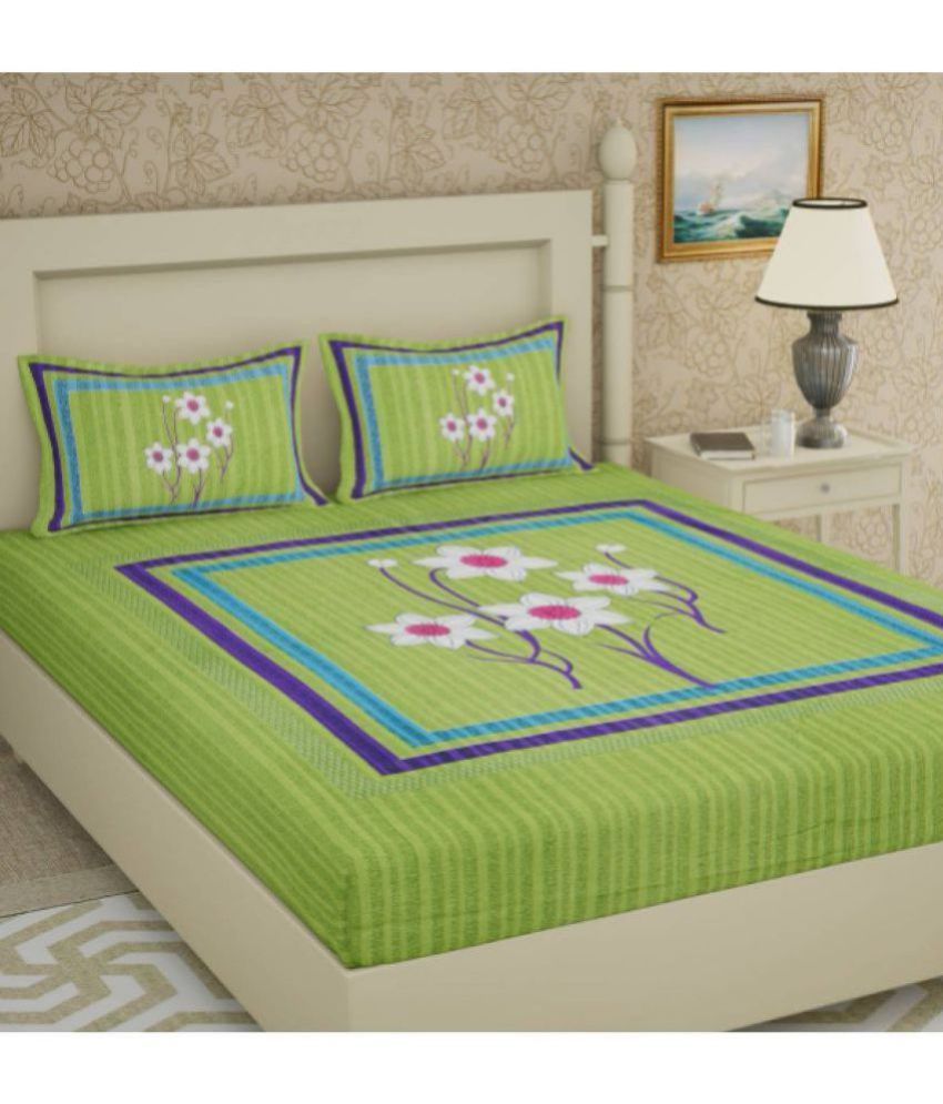     			FrionKandy Living - Green Cotton Double Bedsheet with 2 Pillow Covers