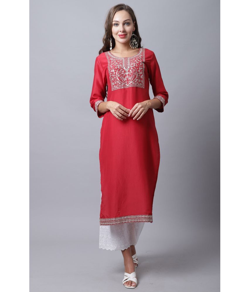     			Rajnandini - Maroon Cotton Silk Women's Straight Kurti ( Pack of 1 )