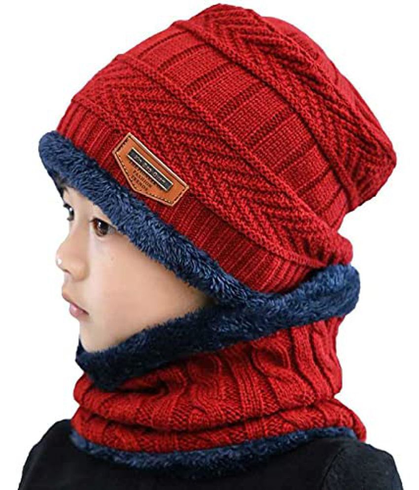     			Woolen Cap & Neck Warmer  for Winters with Fur Inner Side Warm Scarf Set Winter woolen Cap For kids.