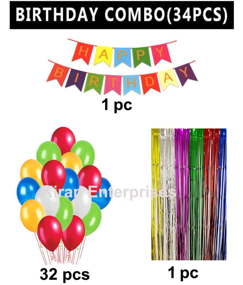     			Kiran Enterprises Happy Birthday Banner ( Multi ) + 1 Fringe Curtain ( Multi ) + 32 Metallic Balloon ( Multi )