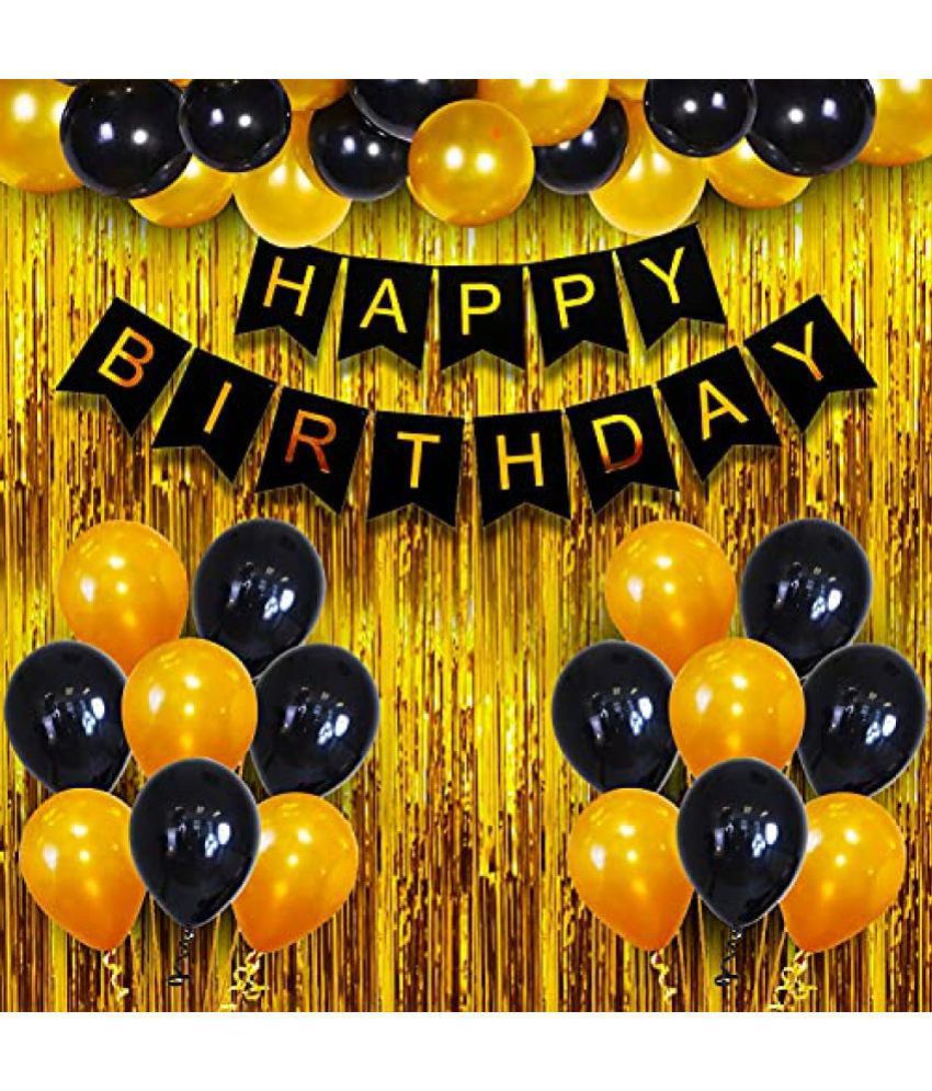    			Kiran Enterprises Happy Birthday Banner ( Black )+ 2 pc. Fringe Curtain ( Gold )+ 30 Metallic Balloon  ( Black, Gold ) Birthday Decoration Kit,  Birthday Decoration  items, Birthday Balloon Decoration Combo For Boys, Girls, Kids, Husband and Wife.