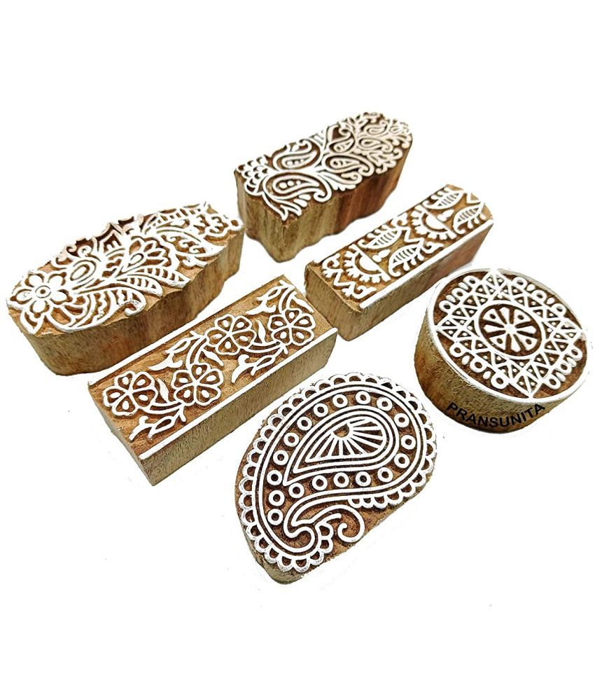     			PRANSUNITA Wooden Printing Blocks – 6 Hand Carved Attractive Shapes for Fabric Printing, Clay Pottery, Crafts, Body Tattoo, Scrapbook Print and More- Pack of 4 Flower & 2 Border Designs