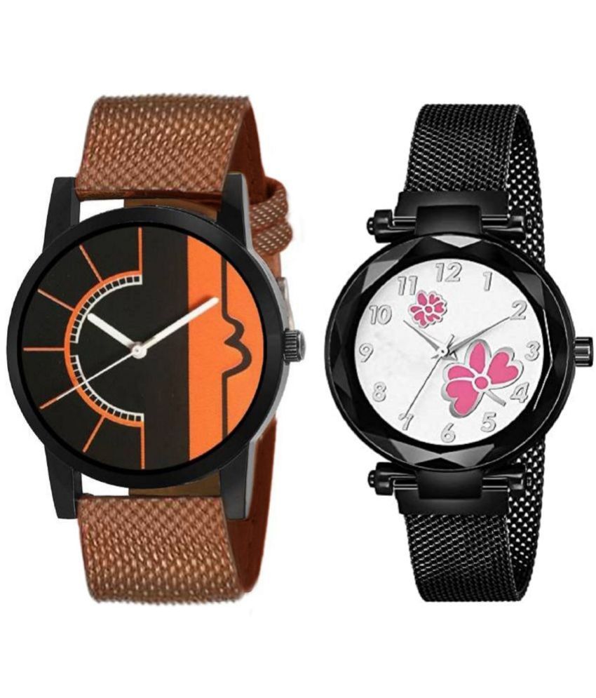     			newmen - Brown PU Analog Couple's Watch