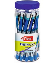 FLAIR Insta Jet Ball Pen | Tip Size 1 mm | Smudge Free | Comfortable Grip &amp; Lightweight | Smooth Writing &amp; Long Lasting Pen | Ball Pen Set For Students | Blue Ink, Jar Pack of 25