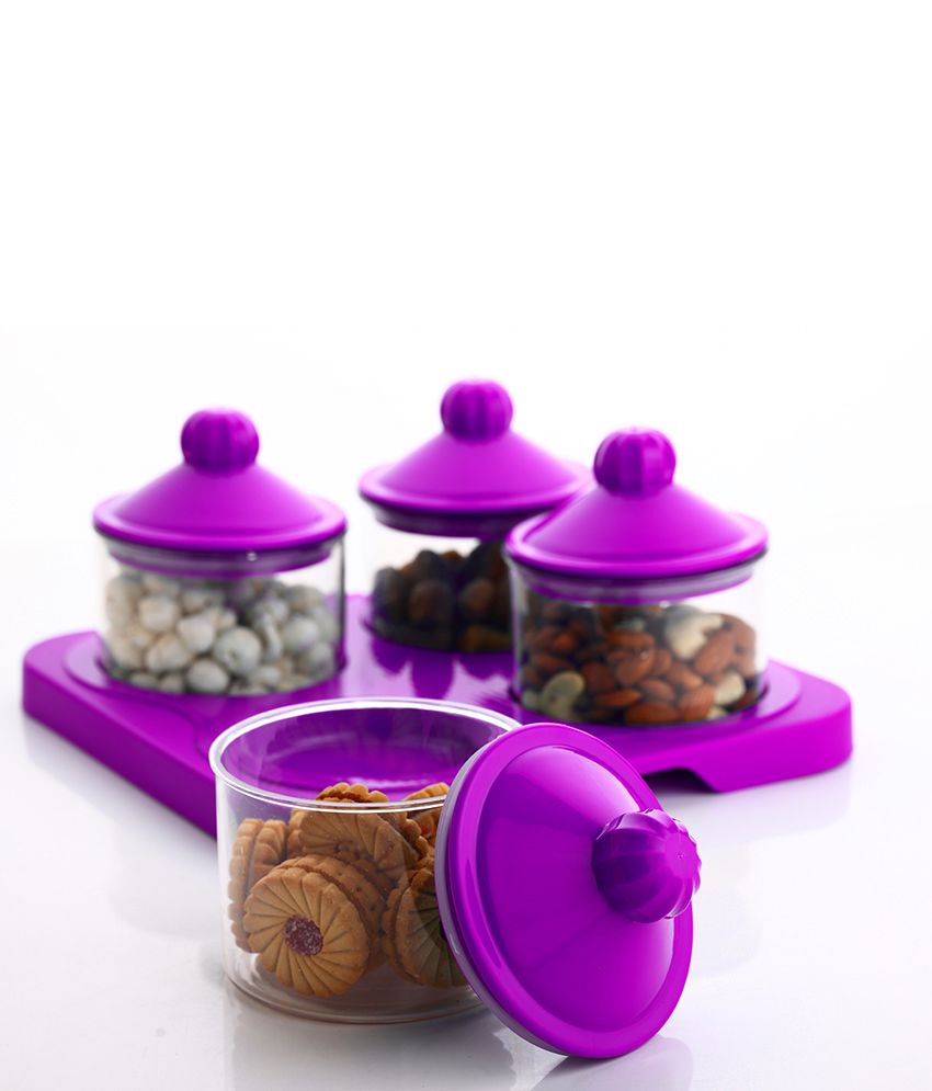     			HOMETALES - Purple Color Rajwada Container With Tray ,500ml each, (Pack of 4)