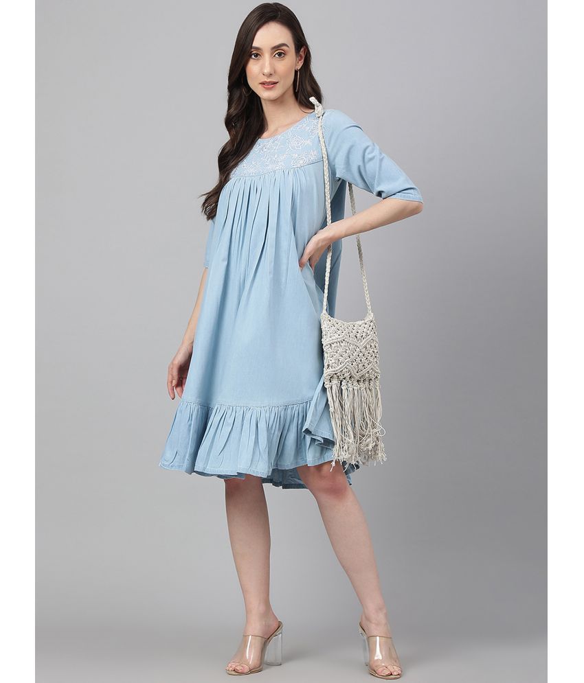     			Janasya - Blue Denim Women's Fit & Flare Dress ( Pack of 1 )