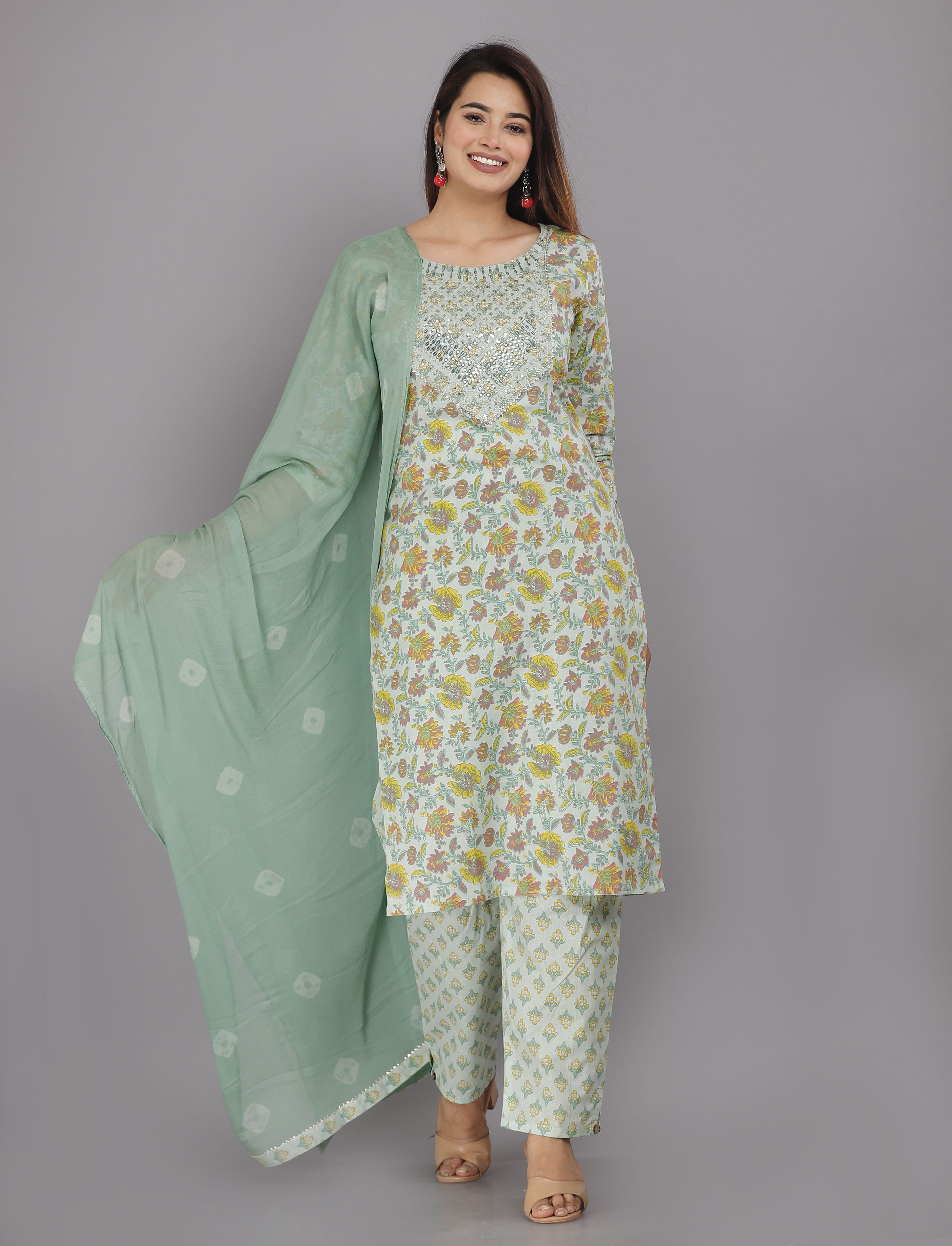     			HIGHLIGHT FASHION EXPORT - Green Straight Cotton Women's Stitched Salwar Suit ( Pack of 1 )