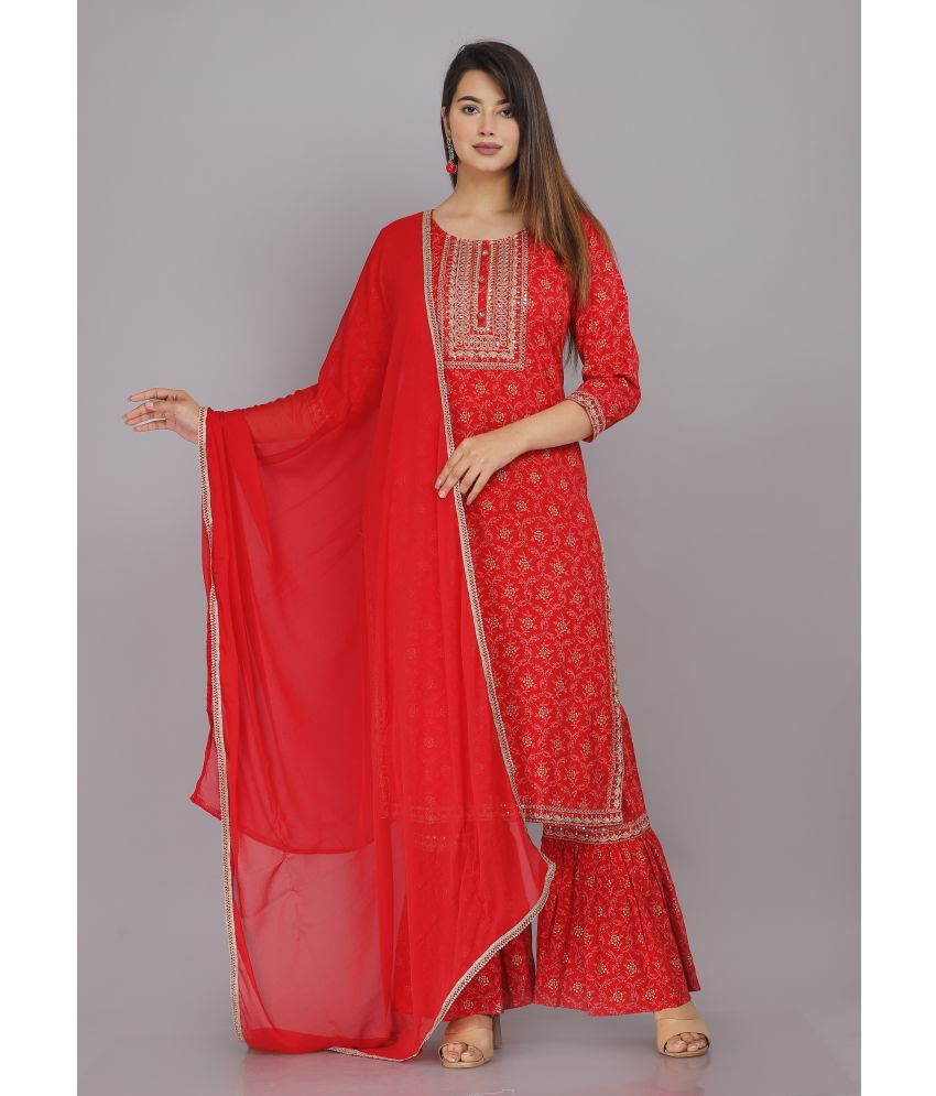     			HIGHLIGHT FASHION EXPORT - Red Straight Rayon Women's Stitched Salwar Suit ( Pack of 1 )