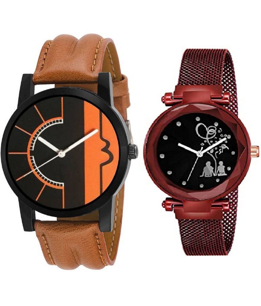     			newmen - Brown Leather Analog Couple's Watch