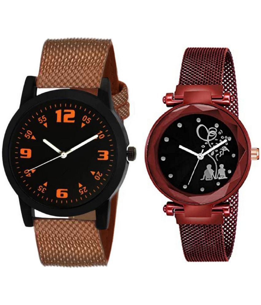     			newmen - Brown PU Analog Couple's Watch