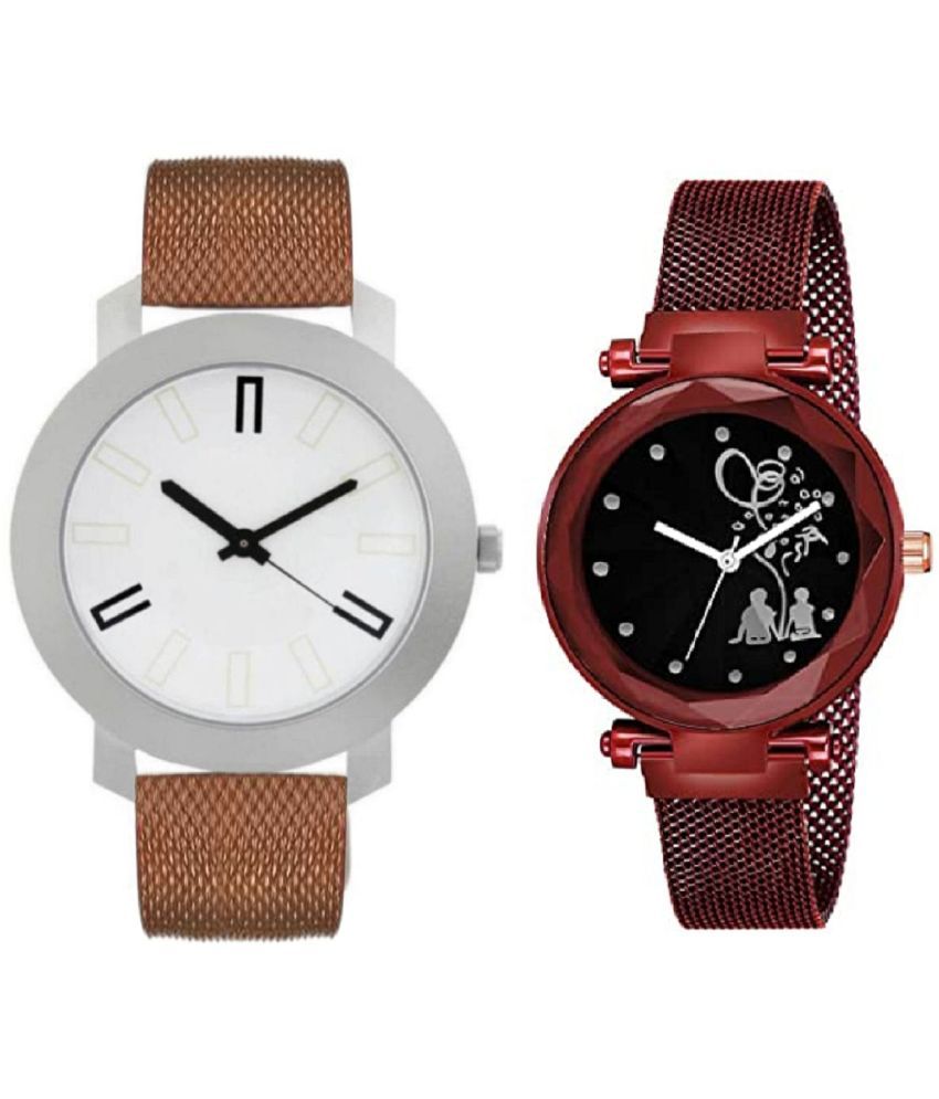     			newmen - Brown PU Analog Couple's Watch