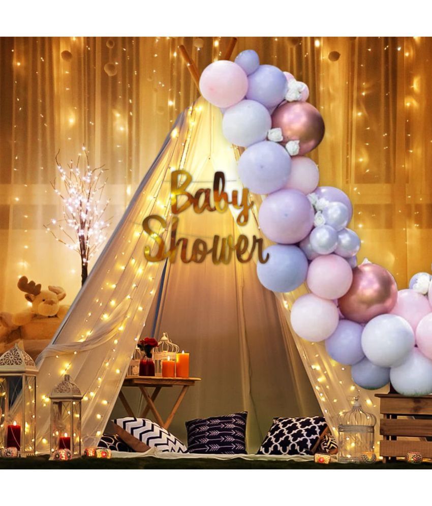     			Party Propz Baby Shower Decoration Items Set for Mom to Be - 26Pcs White Net Curtain with Fairy Lights, Foil Banner, Balloons - Baby Shower Decorations Items Props, Maternity Photoshoot