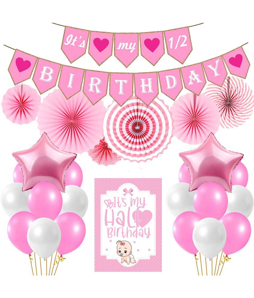     			Party Propz Its My Half Birthday Decorations Set With Pink Paperfan, Pink Star Foil & Half Birthday Card For Baby Girls / Half Birthday Decoration For Girls