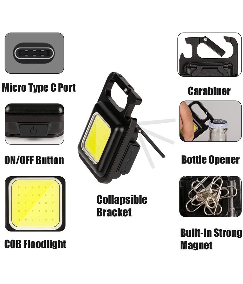     			COB Small Flashlights, 800Lumens Bright Rechargeable Keychain Mini Flashlight 3 Light Modes Portable Pocket Light with Folding Bracket Bottle Opener and Magnet Base for Fishing, Walking and Camping