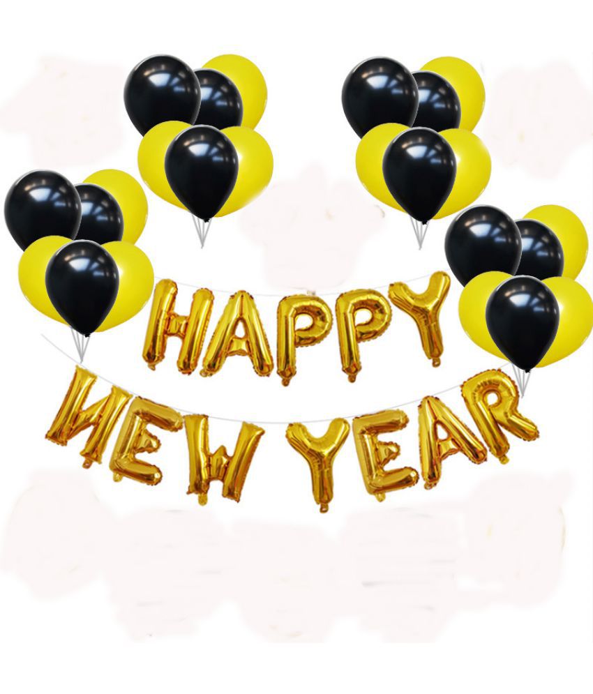     			Kiran Enterprises Happy New Year Foil Letter Balloon ( Gold ) + 30 Metallic Balloon ( Black, Gold )