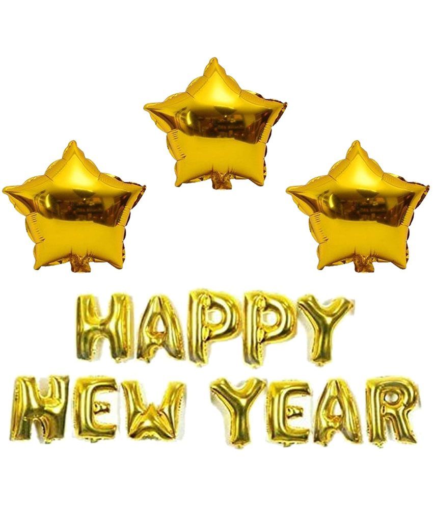     			Kiran Enterprises Happy New Year Foil Letter Balloon ( Gold )+ 3 pcs Foil Star Balloon ( Gold )