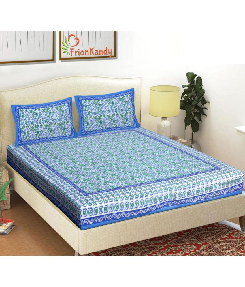     			FrionKandy Living - Blue Cotton Double Bedsheet with 2 Pillow Covers