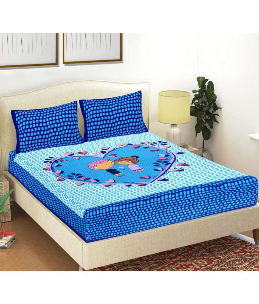     			FrionKandy Living - Blue Cotton Double Bedsheet with 2 Pillow Covers