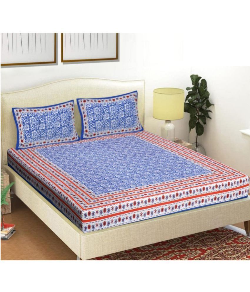     			FrionKandy Living - Blue Cotton Double Bedsheet with 2 Pillow Covers