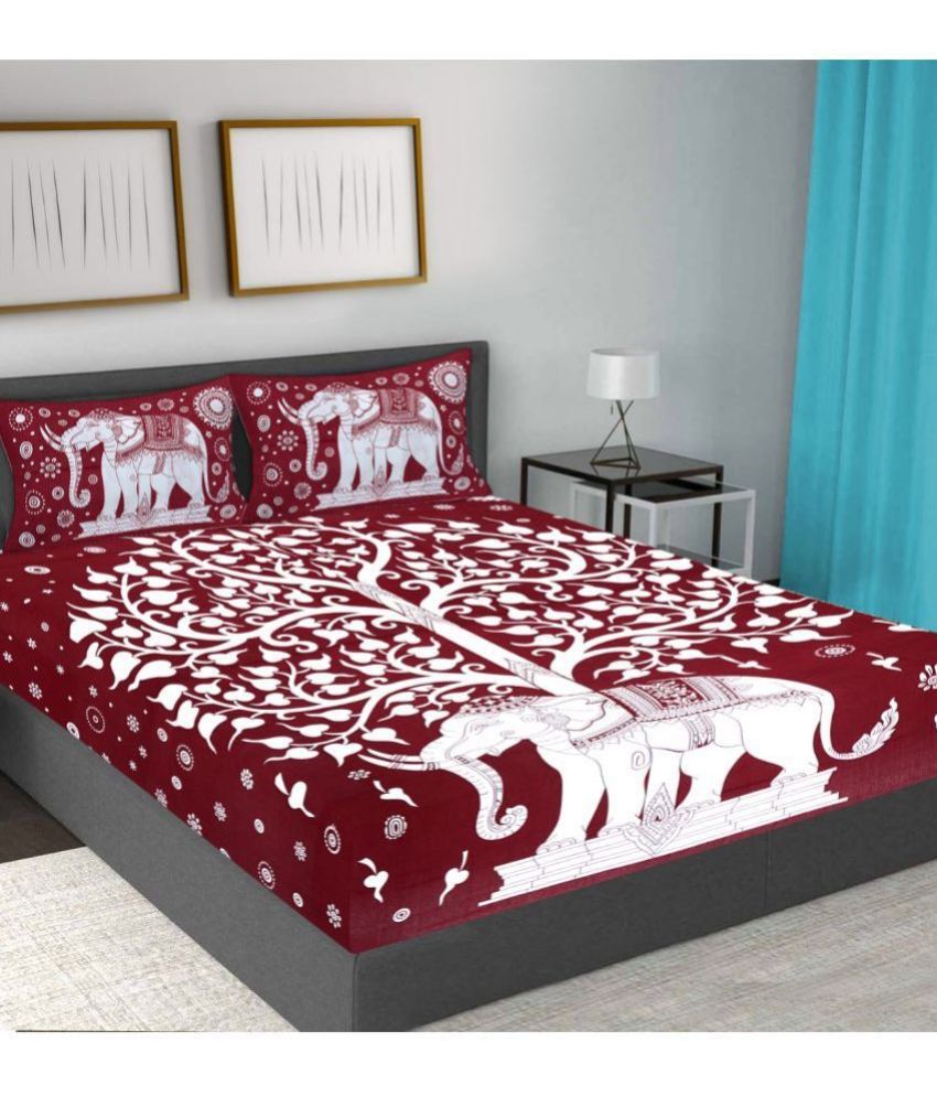     			FrionKandy Living - Maroon Cotton Double Bedsheet with 2 Pillow Covers